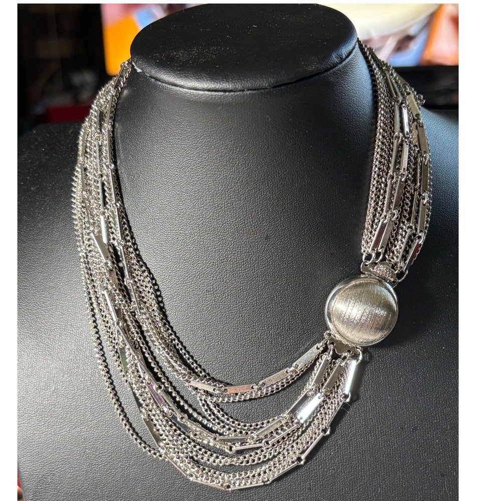 Multi Strand Bib Necklace Womens Silver Tone Layered Bar Link Chain
